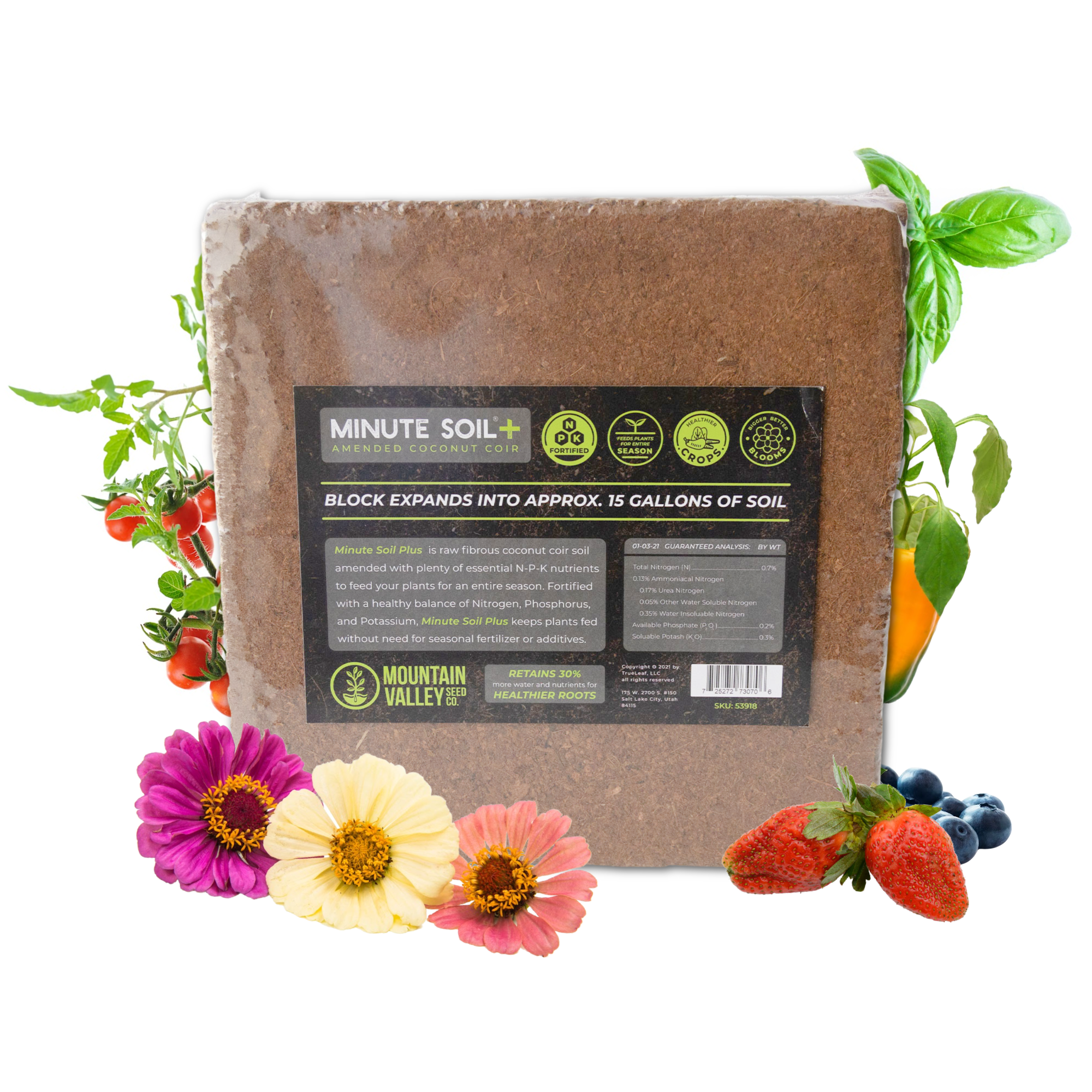 Minute Soil Plus Wheelbarrow Block - NPK Amended Compressed Coco Coir Fiber Grow Medium - 1 Block = 15 Gallons of Potting - Gard