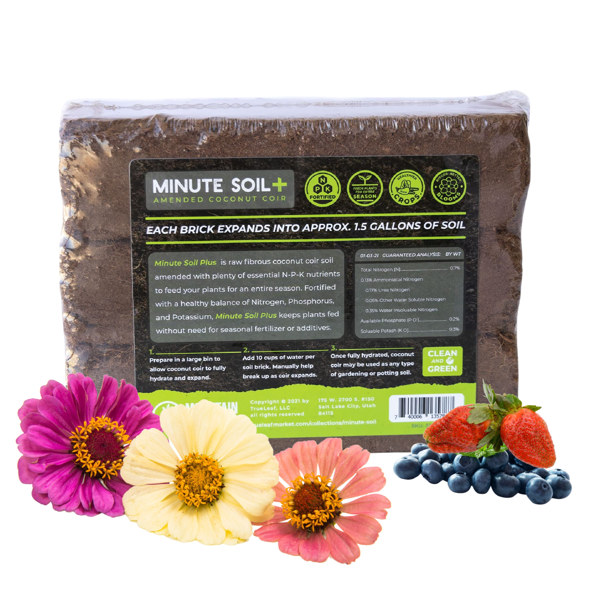 Minute Soil Plus Brick - Medium - 3 Bricks = 1.5 Gallons of Potting Soil Ea - NPK Amended Compressed Coco Coir Fiber Grow? Garde