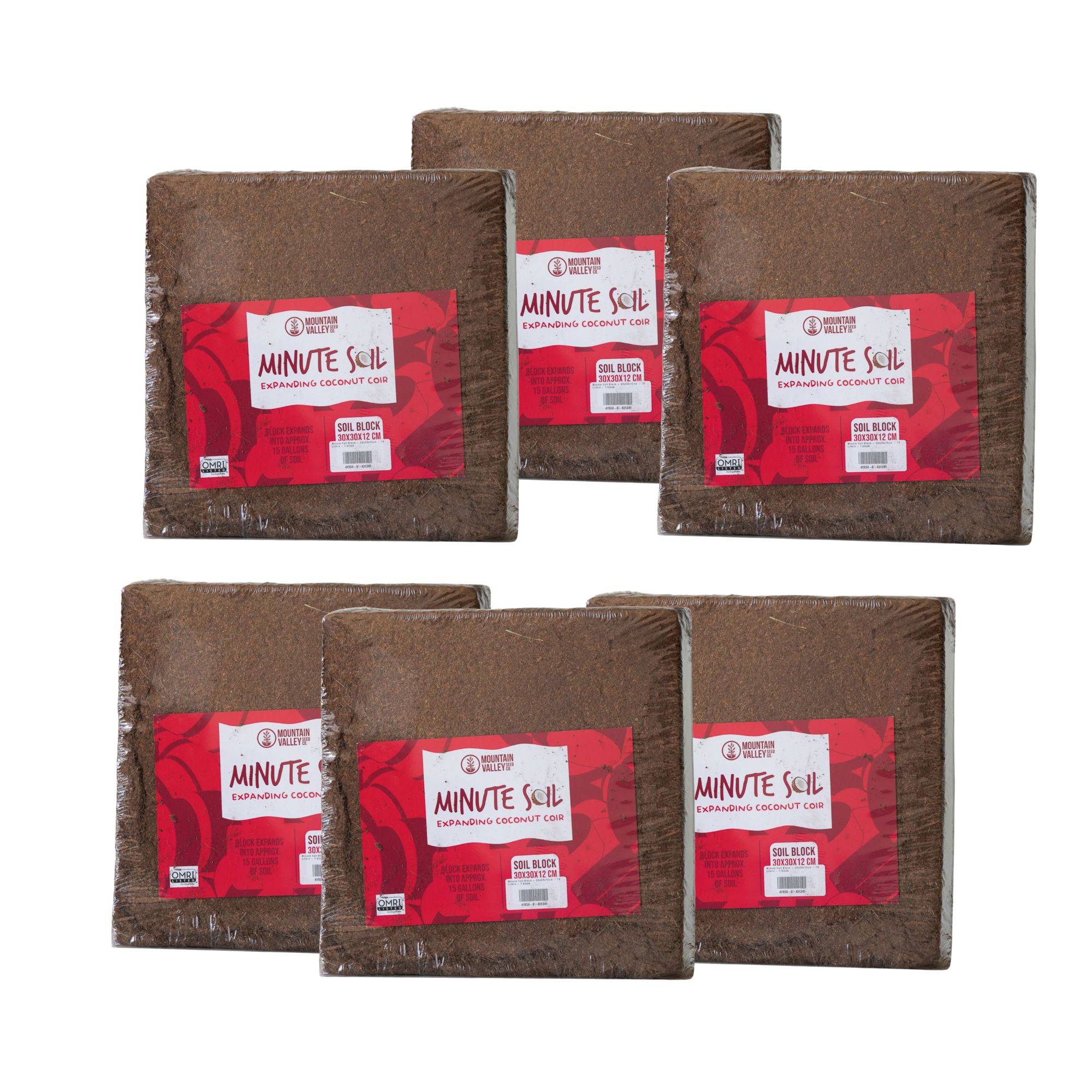 Minute Soil Coconut Coir Block 6-Pack. Non-GMO. Expands with Water. 72 lb Total.