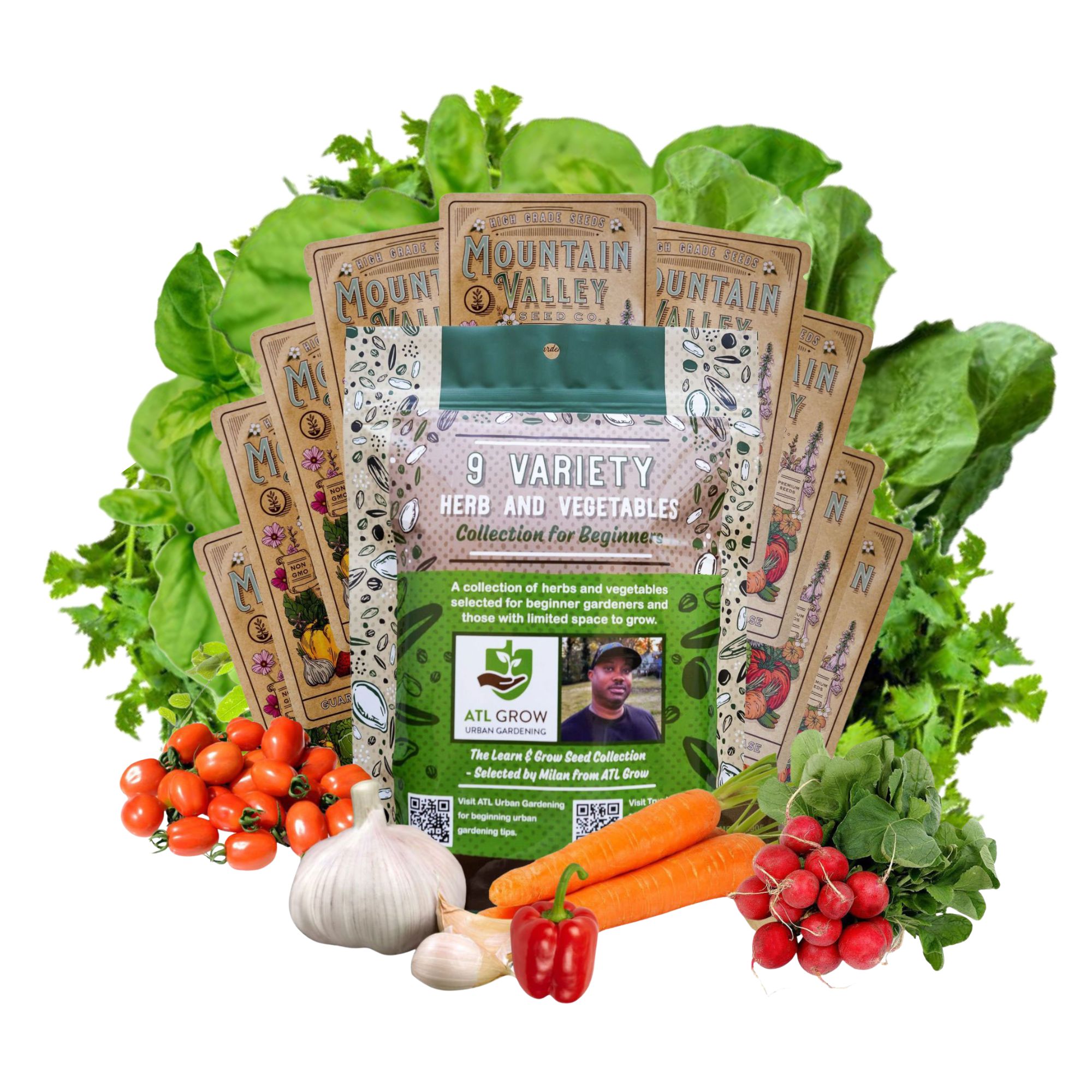 9 Variety Herb & Vegetable Seed Assortment for Beginner & Urban Gardeners - Created By Milan from ATL Grow - Includes Tomatoes, 