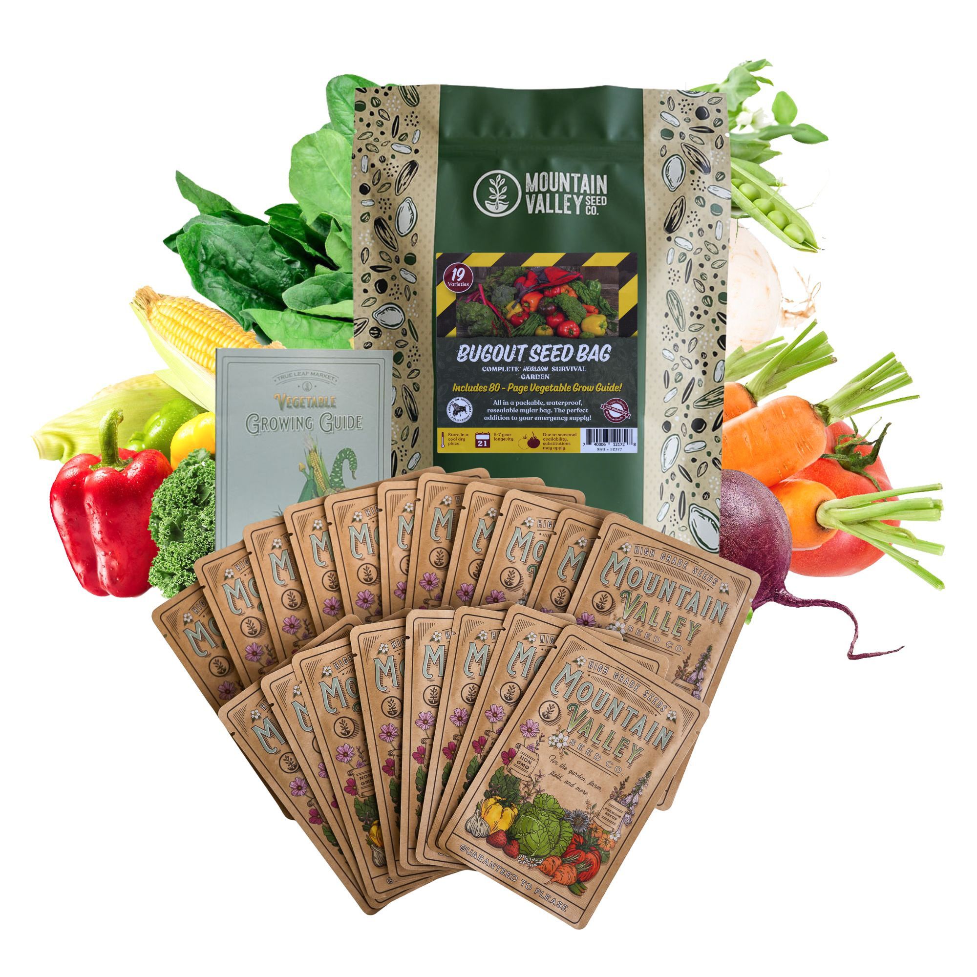 Survival Seeds Collection - Bug Out Bag - 19 Vegetable Seed Varieties - Heavy Duty, Reusable, Garden Nursery Growing Flats - Gre